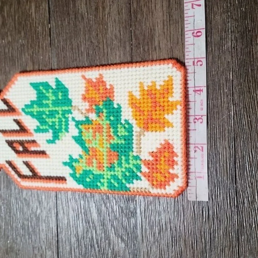 Vintage MCM Needlepoint Fall Leaves Plastic Door Hanger Orange Brown Retro